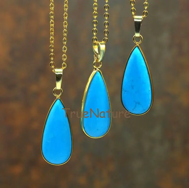 

Wholesale Gold Finish Chains Copper Jewelry Turquoises Water Drop Pendant Charm Necklace For Women In 16-32 Inch NM5774