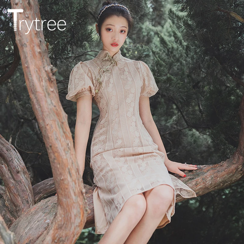 Женское Повседневное платье-Чонсам Trytree Элегантное летнее кружевное платье до