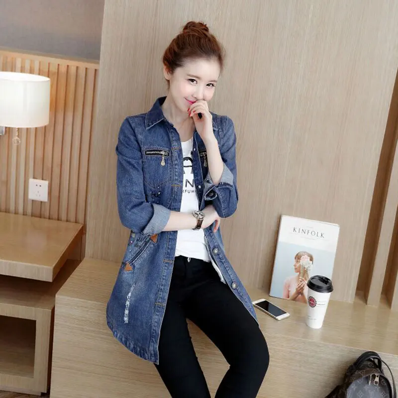 Ветровка женская джинсовая средней длины модная свободная повседневная верхняя