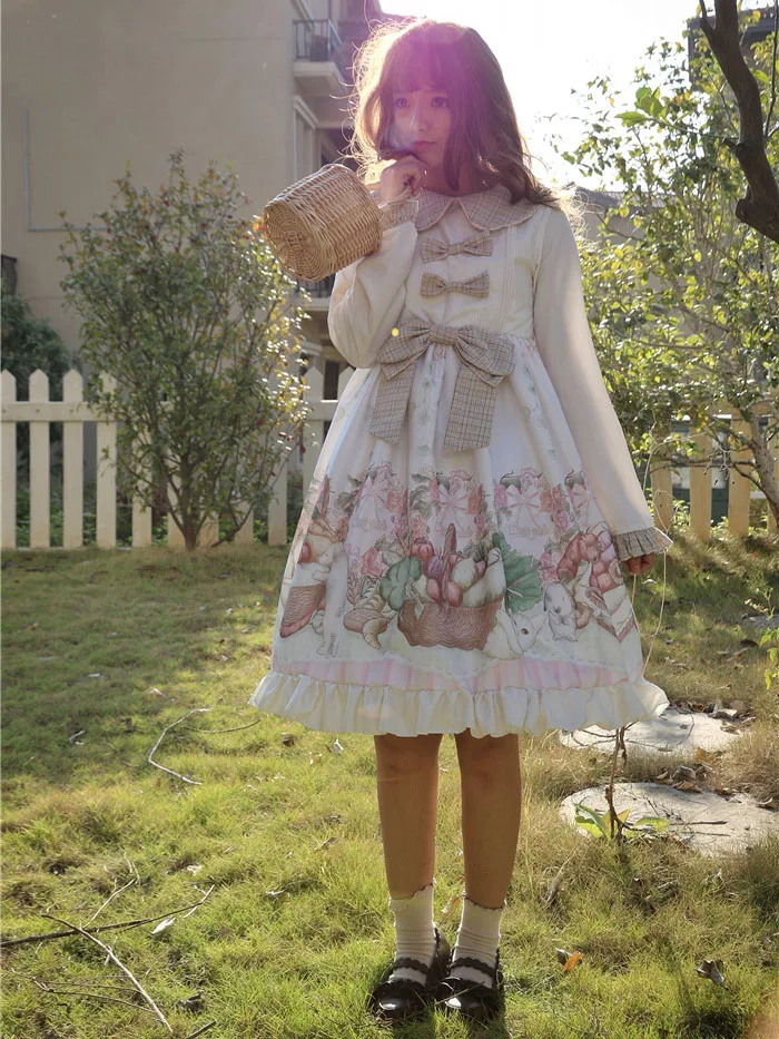 

Original Carol Vegetable Basket Women's Lolita OP Dress Long Sleeve Big Bow Cute One Piece Color Beige