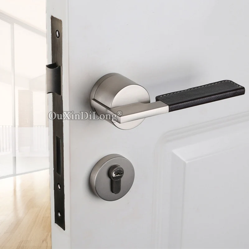 Brushed Nickel Роскошный Европейский бесшумный врезной дверной замок из меди+ натуральной кожи для интерьера гостиной, спальни, бесшумный дверной замок с ключом/без ключа - Цвет: Brushed Nickel