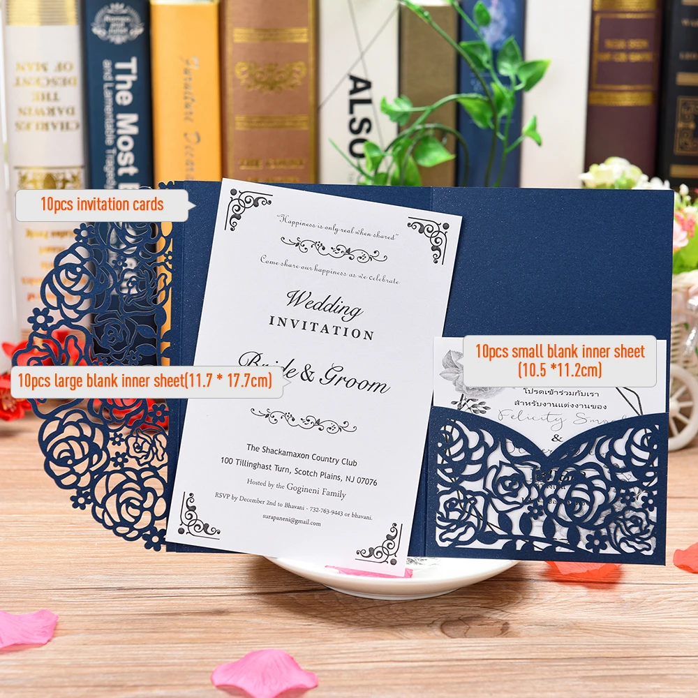 

10pcs Blue White Elegant Wedding Invitations Pearl Paper Floral Wedding Cards with Blank Inner Sheet for Wedding Party Supplies