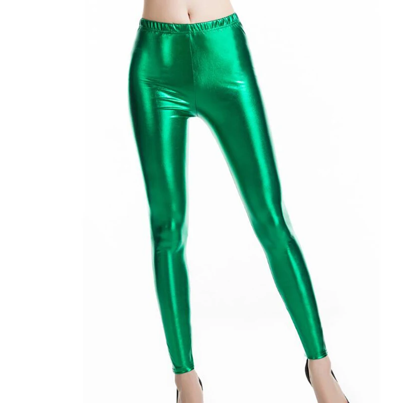 Green Для женщин сплошной зеленый металлик Золото Серебро Леггинсы партия Rave Booty узкие брюки блестящие Фитнес Карандаш Леггинсы - Цвет: Green