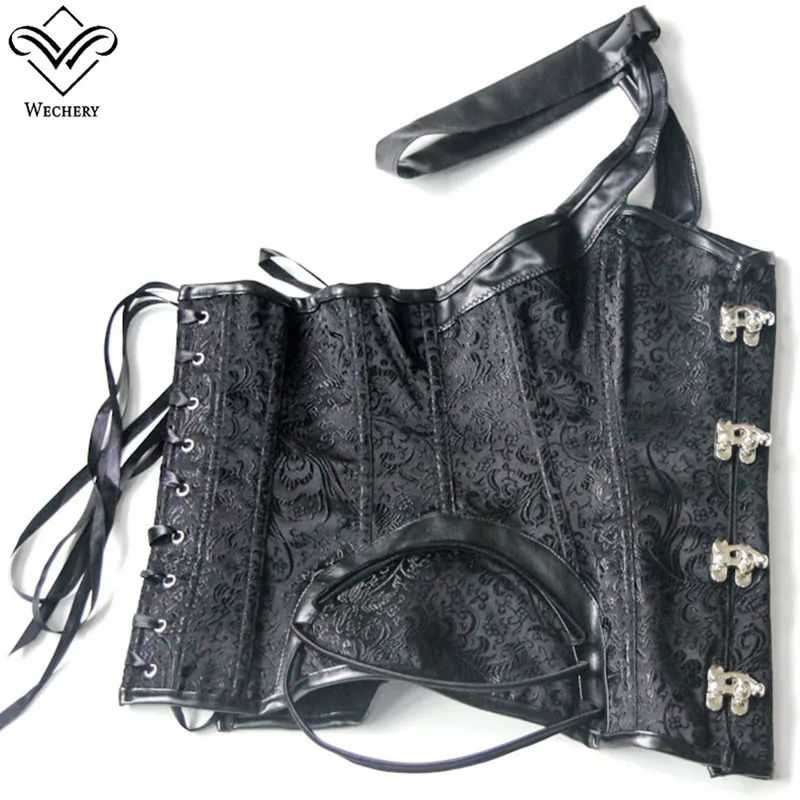 

Wechery Gothic Goth Punk Halter Corset Choker Top Bustier Women Black Leather Floral Hollow Out Design Sleeveless Top Corselet