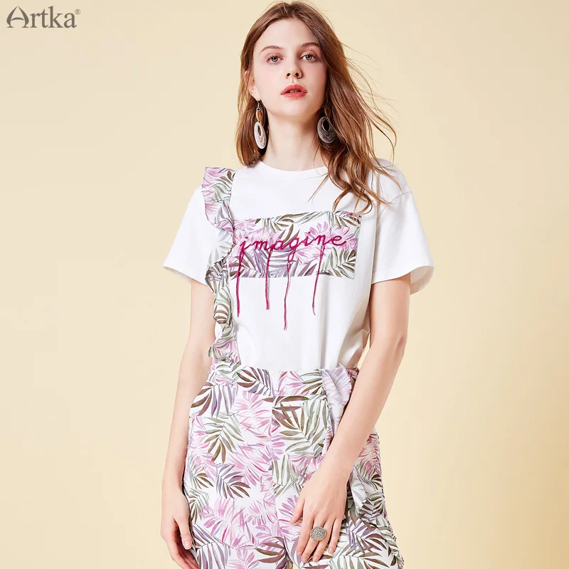 ARTKA 2019 Летняя женская хлопковая Повседневная футболка с цветочным принтом и
