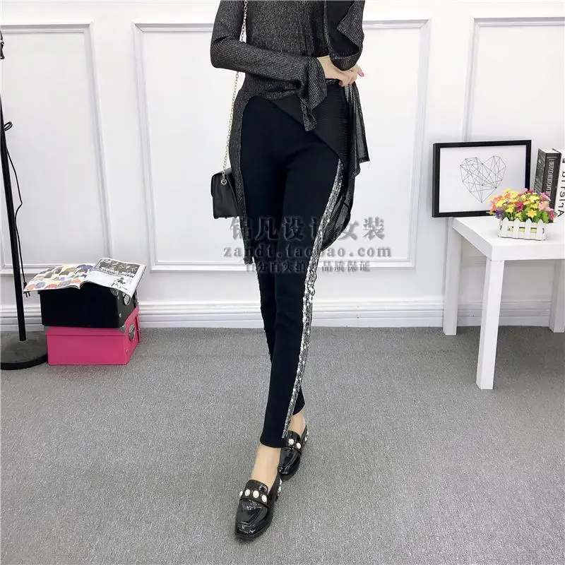 Spring Autumn Leggings Women Fashion Sequins Stripe Side Pure Cotton Trousers Girls Ladies All-match Basic Trousers Leggings
