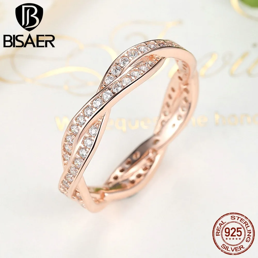 BISAER, 925 пробы, серебро, поворот участи, розовый, прозрачный CZ, простое кольцо на палец, геометрические кольца для женщин, свадебные украшения, Anel WEU7187