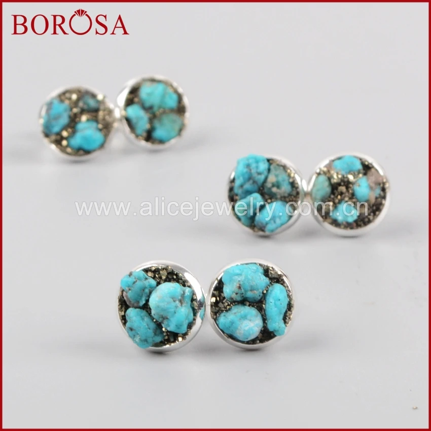 Женские серьги гвоздики BOROSA Серебристые с натуральным камнем зеленого и