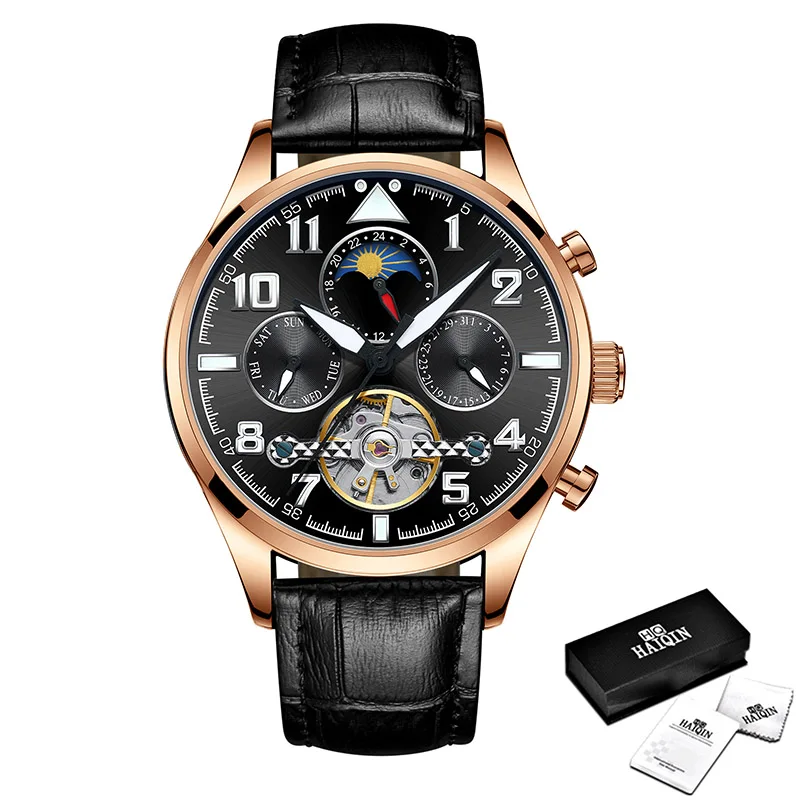 Leather Gold Black HAIQIN мужские часы Механические Турбийон роскошные модные брендовые кожаные мужские спортивные часы мужские автоматические часы Relogio Masculino - Цвет: Leather Gold Black