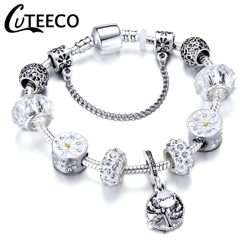 CUTEECO 925, модный серебряный браслет с шармами, браслет для женщин, Хрустальный цветок, сказочный шарик, подходит для брендовых браслетов, ювелирные изделия, браслеты