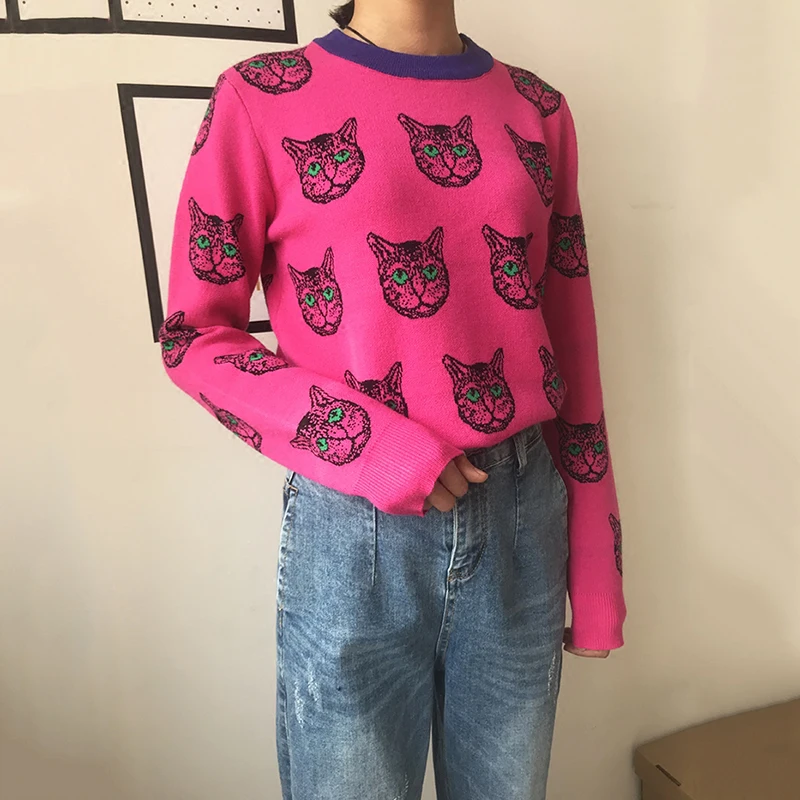 Свитер C-192 женский с мультяшным котом жаккардовый | Женская одежда