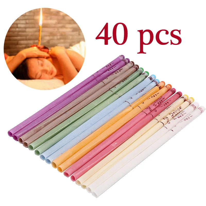 40 pcs random 4 шт счастливые ушные свечи, ушной воск для чистого удаления, натуральный пчелиный воск, прополис, Индиана, терапия, аромат, Свеча-конус, расслабление - Color: 40 pcs random