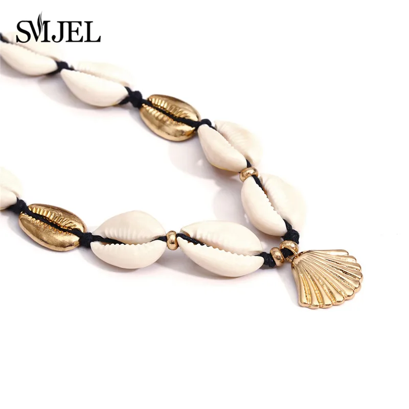 SMJEL Boho Seashell колье для женщин в виде раковины, колье, раковины, раковины, зеленый камень, бисер, Золотая цепочка, ожерелье, ювелирное изделие, бижутерия