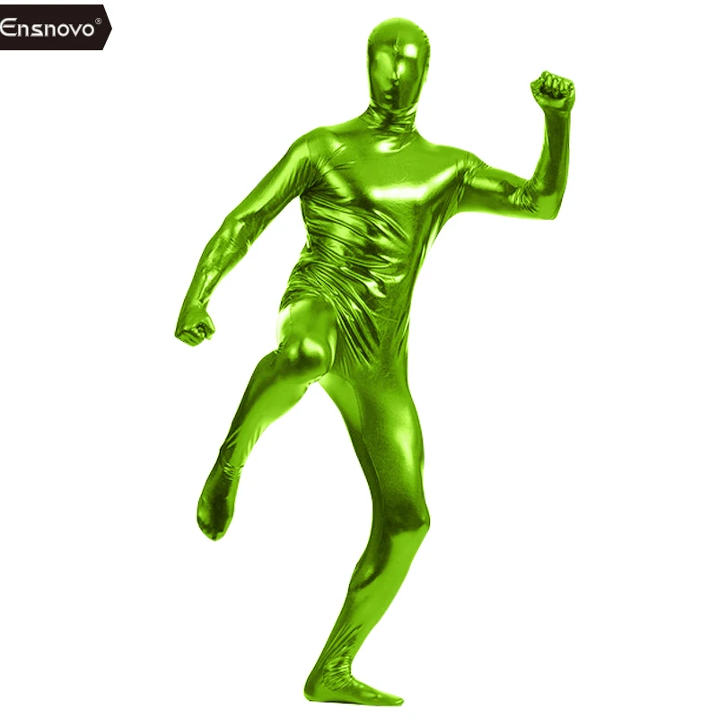 Ensnovo унисекс Zentai телесный полный костюм блестящий металлический Zentai костюм цельный Косплей Костюм мужской Wo мужской s комбинезон из лайкры - Цвет: Apple Green