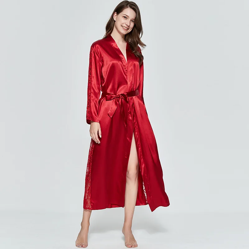 Novelty Satin Champagne Robe Sexy Rayon Lace Kimono Bathrobe Gown Bride Bridesmaid Wedding Sleepwear Belt Casual Nightwear