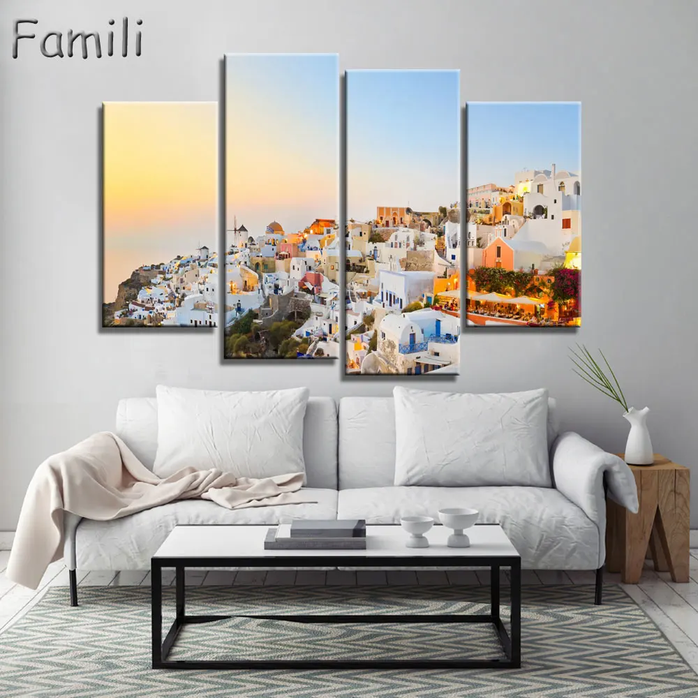

4 Piece Hot Sell Modern Wall Painting Art Picture Paint on Canvas Prints The classic beauty of the Greek island of Santorini