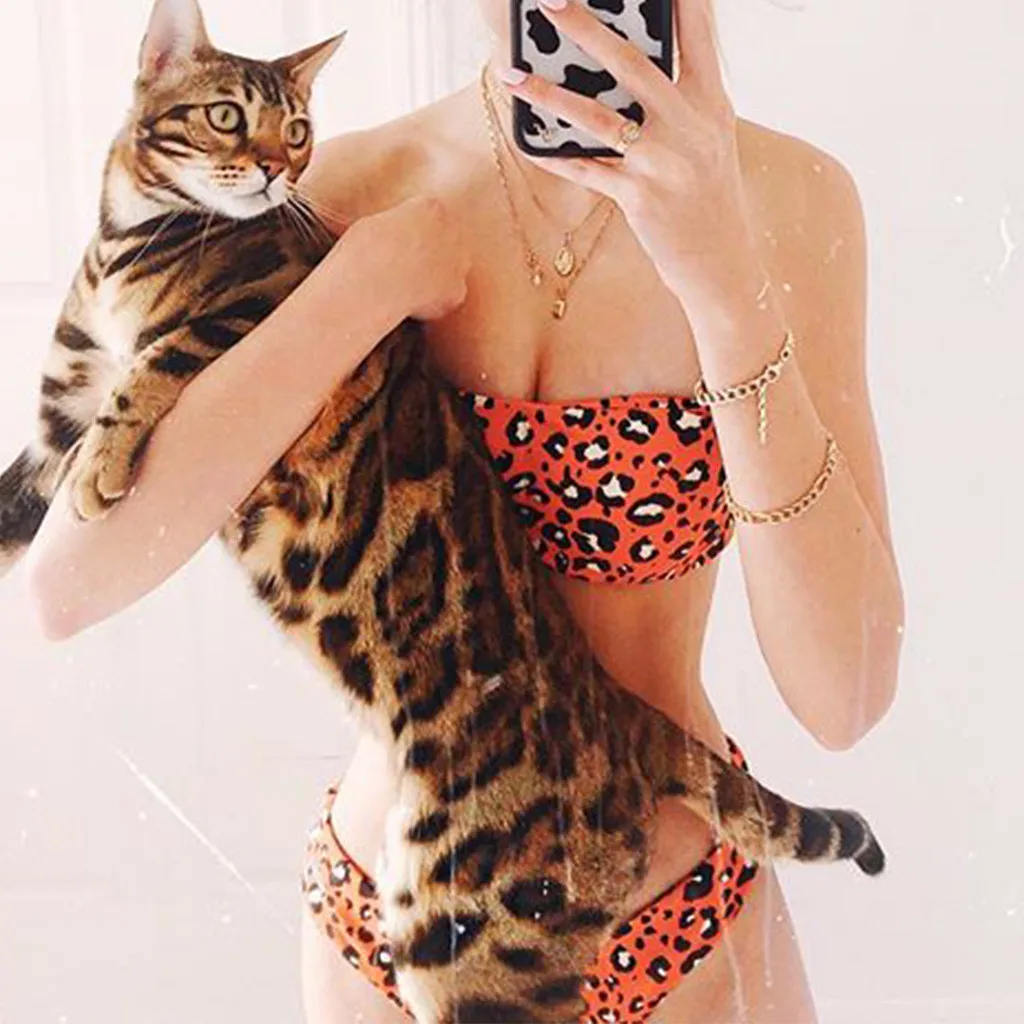Женский купальник бикини SAGACE Раздельный с открытыми плечами и леопардовым