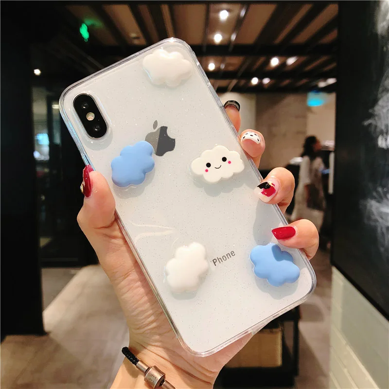 Kerzzil Cartoon White Clouds Phone Case For iPhone 7 Plus Transparent Soft Cases Ice Cream Glitter Cover X 8 6 6s | Мобильные