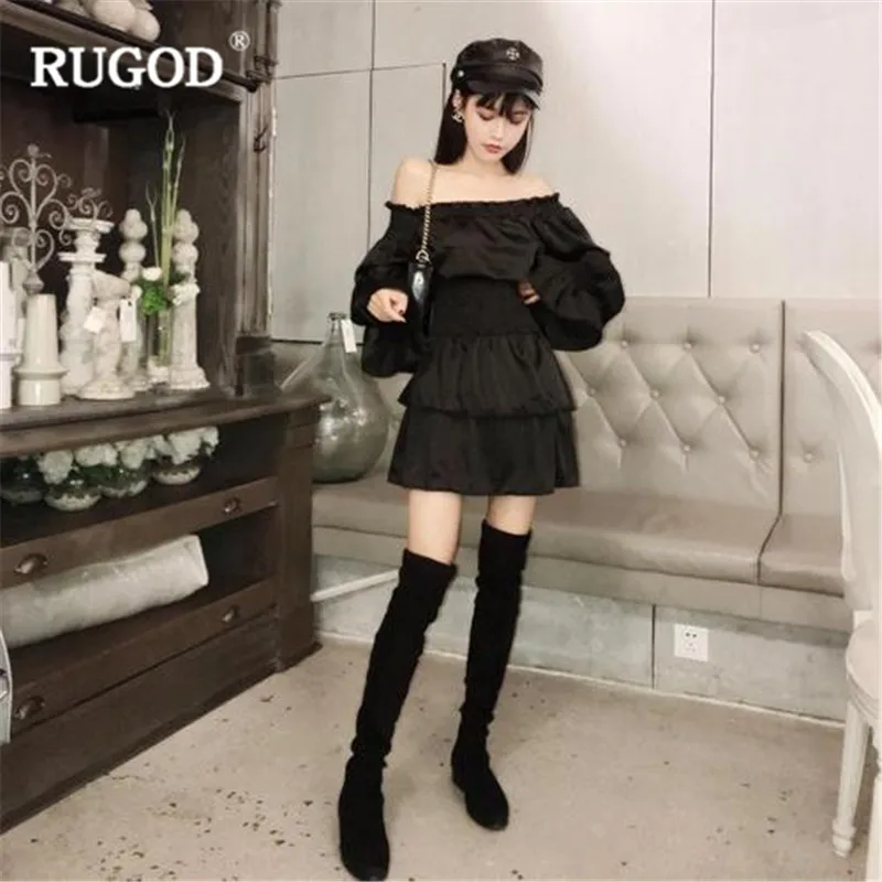 

RUGOD Sexy off shoulder women dress Flare sleeve elastic hight waist slim pleated cake midi dress ladies korean vestidos mujer