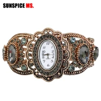 sunspice ms quartz wristwatch retro vintage bangle cuff watch women antique gold color hollow flower indian jewelry gray crystal