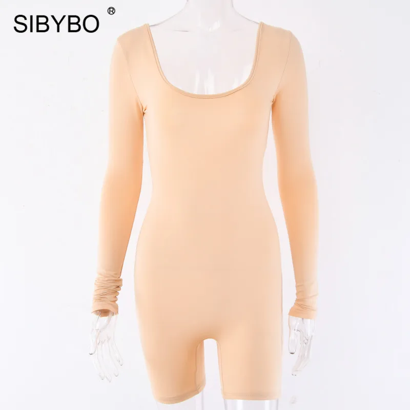 Apricot Sibybo, с открытой спиной, с длинным рукавом, Повседневный, женский, осенний, с круглым вырезом, обтягивающий, сексуальный комбинезон, женский, s, комбинезон, однотонные, женские пляжные костюмы - Цвет: Apricot