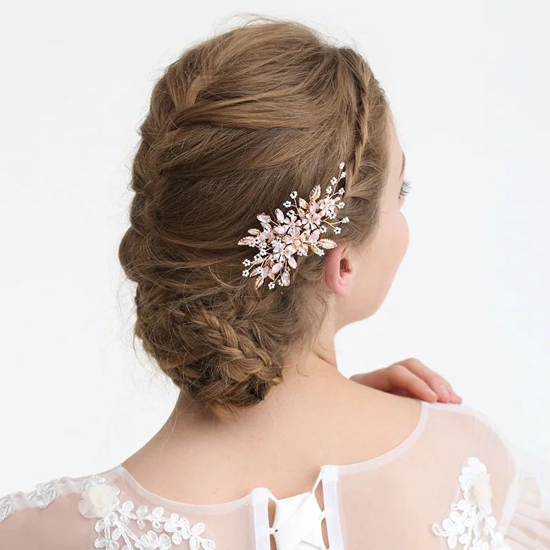 

Floralbride Handmade Rhinestones Crystal Pearls Flower Wedding Hair Comb Bridal Headpieces Hair Accessories Women Jewelry