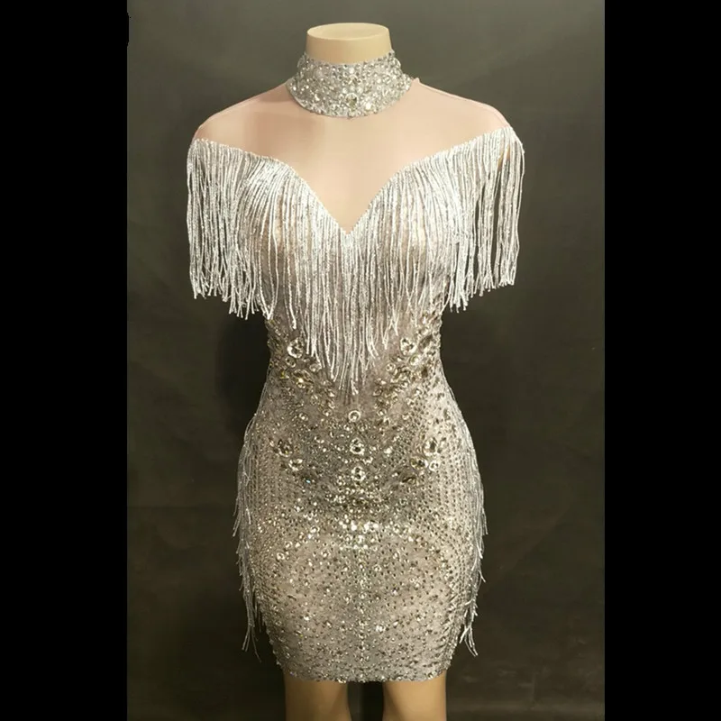 Женское платье с кисточками сверкающие стразы блестящее для ночного клуба