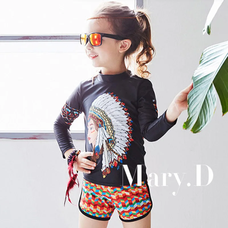 Sunny eva/купальный костюм для девочек из двух предметов; детский купальный костюм с принтом головы индейца; купальный костюм с длинными рукавами и шортами или штанами для детей