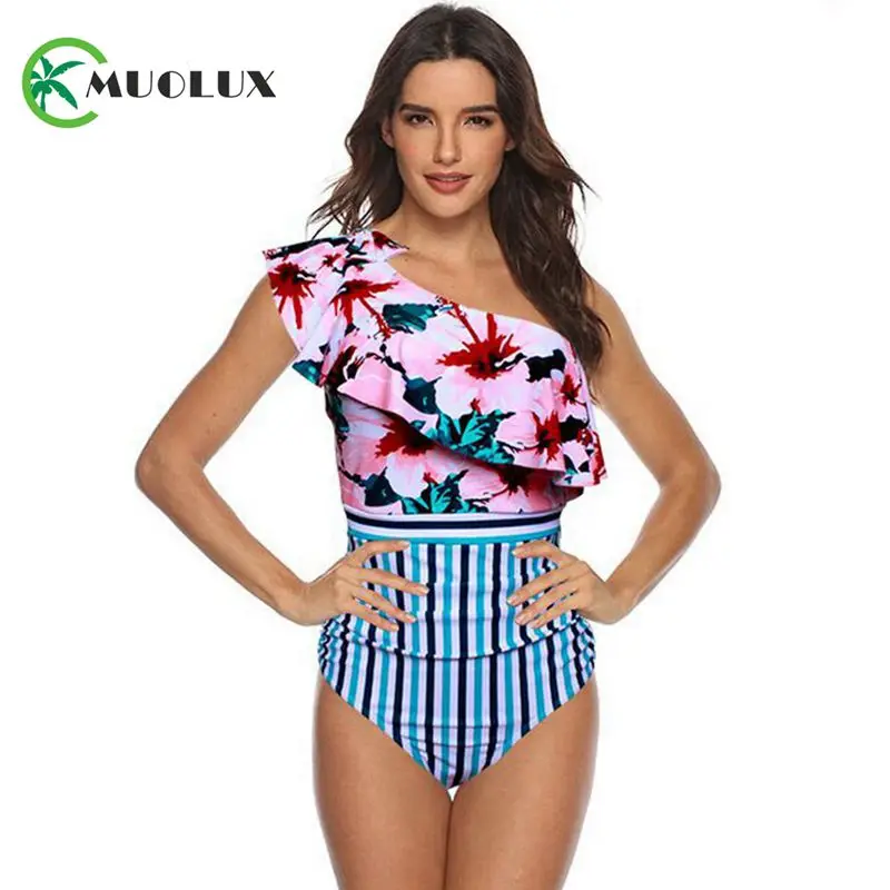 floral stripe MUOLUX, сексуальные женские купальники с цветочной каймой, с подкладкой, с рюшами, пуш-ап, купальник, черный, плюс размер, цельный, стринги, купальник - Цвет: floral stripe