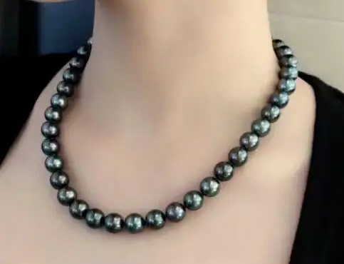 

free shipping >>>>9-10mm natural tahitian black pearl necklace 14K