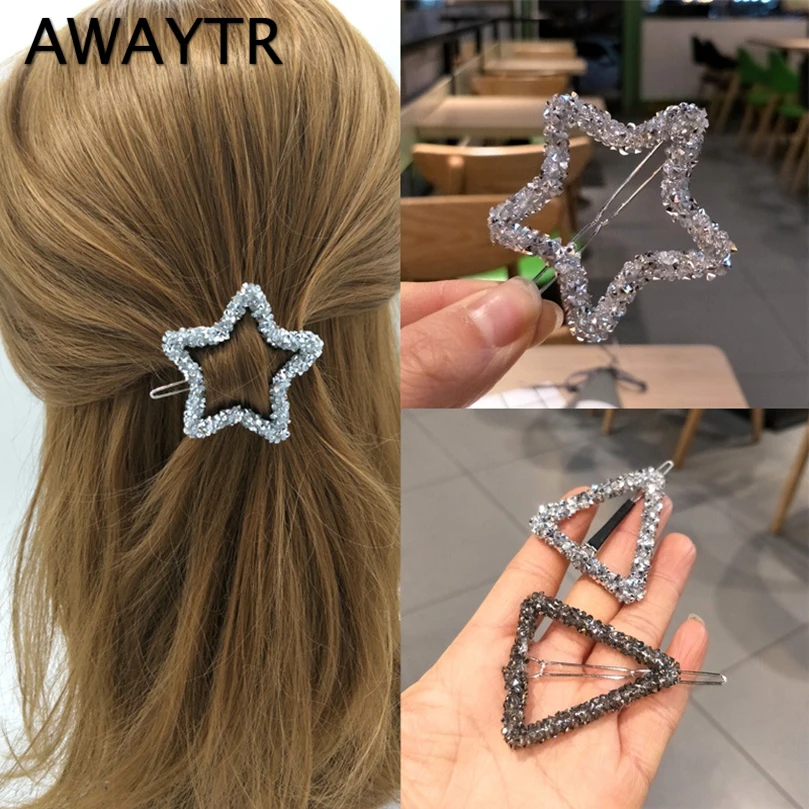 AWAYTR, хит, корейская мода, стразы, Шпилька для женщин, заколка для волос, Геометрическая, круглая звезда, боковая заколка, для девушек, аксессуары для волос