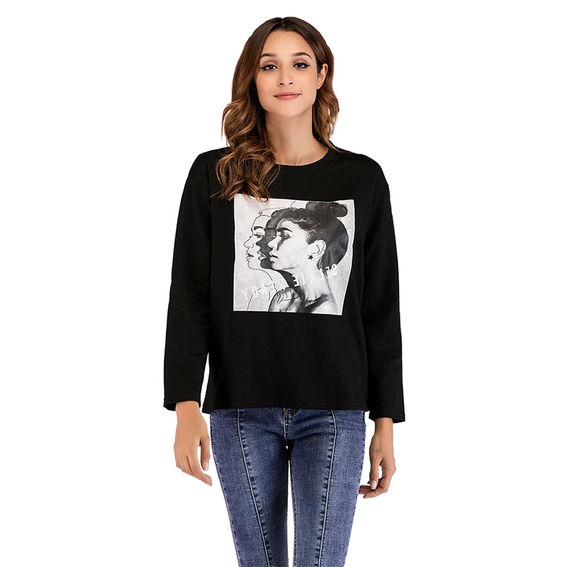 WHZHM осенние черные топы футболки с длинным рукавом женские вечерние круглым