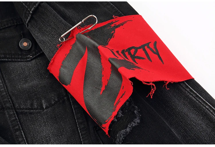 Sokotoo Men's loose letters printed jean jacket Trendy streetwear holes ripped denim coat Patchwork outerwear