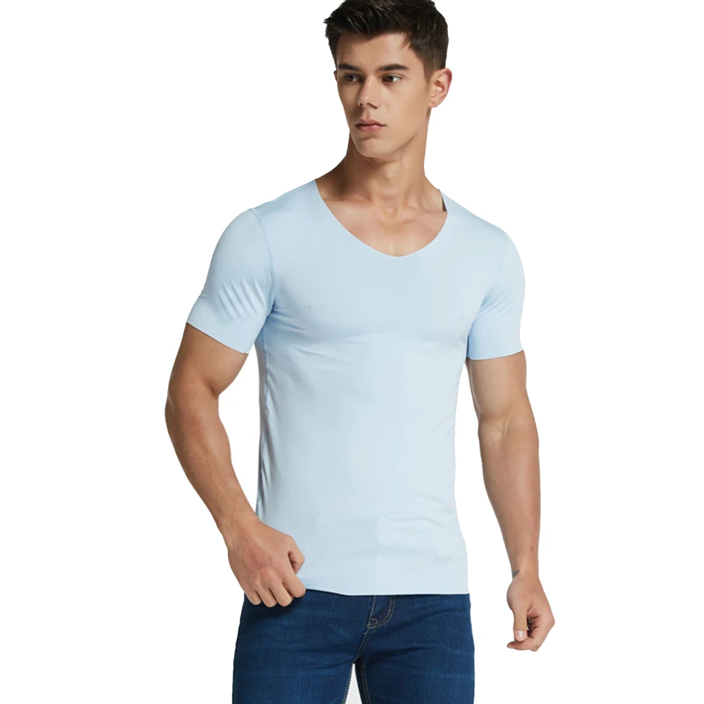Light blue Новая мужская быстросохнущая футболка из шелка с коротким рукавом и v-образным вырезом, одноцветная бесшовная дышащая футболка VN 68 - Цвет: Light blue
