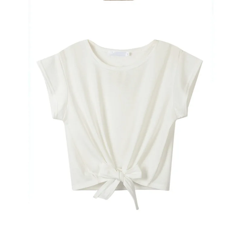 Короткая Симпатичная Модная Летняя женская футболка с бантом однотонная