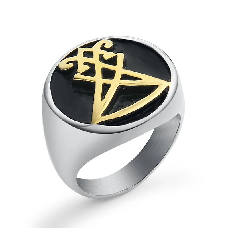 Gold and Silver Мужские Кольца из нержавейки sigil of Lucifer уплотнение сатаны символ кольцо ювелирные изделия для мужчин Панк полированный Anillo de los hombres; подарок - Цвет основного камня: Gold and Silver