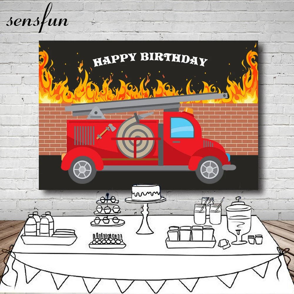 

Sensfun Background For Birthday Photography Fire Truck Party Banner Decor Brick Wall Backdrop Boy Photo Studio Prop