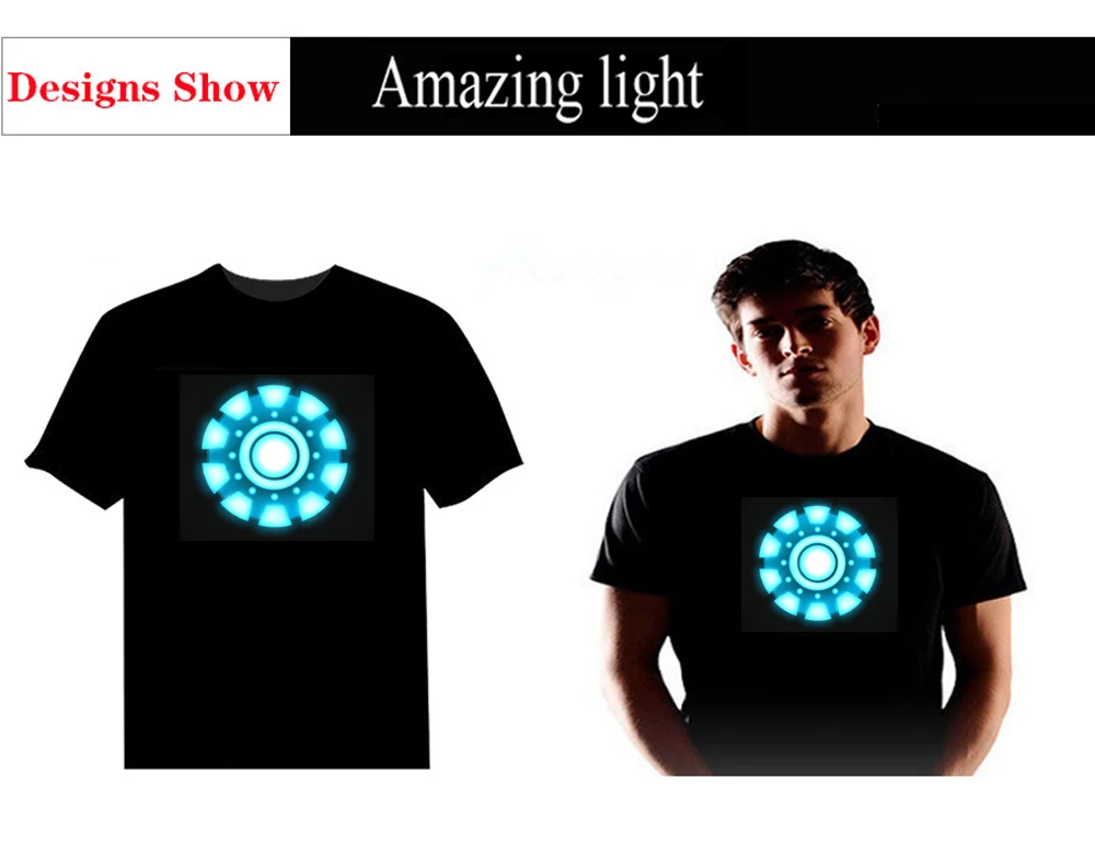 Супер качество дизайн железный человек светодиодный T-Shirt EL T-Shirt 6 видов конструкций для вечерние с использованием светодиодный футболки