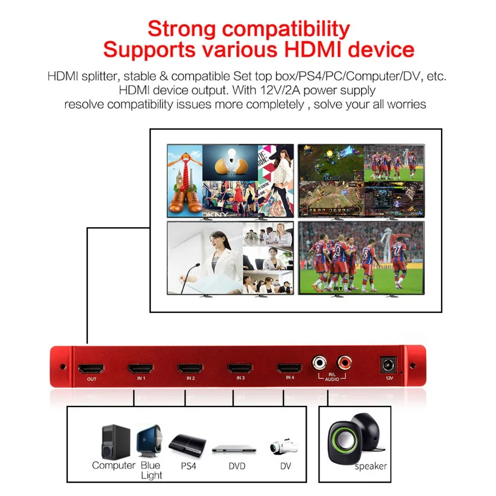 MiraBox Quad Multi Viewer 4x1 HDMI коммутатор 4 Порты с бесшовные переключатель и ИК пульт