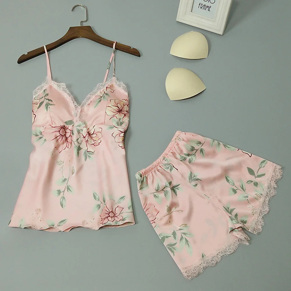 2019 для женщин атласные шелковые Пижама с цветами комплект пикантные женские