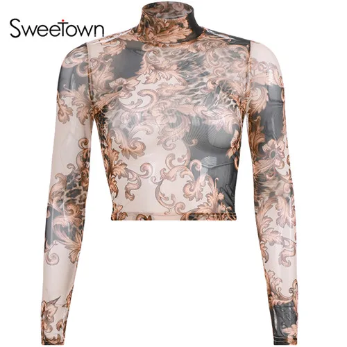 Sweetown Новое поступление Лето винтажный сетчатый короткий топ футболка Женская Хаки цветочный принт водолазка сексуальные прозрачные милые футболки - Цвет: as picture