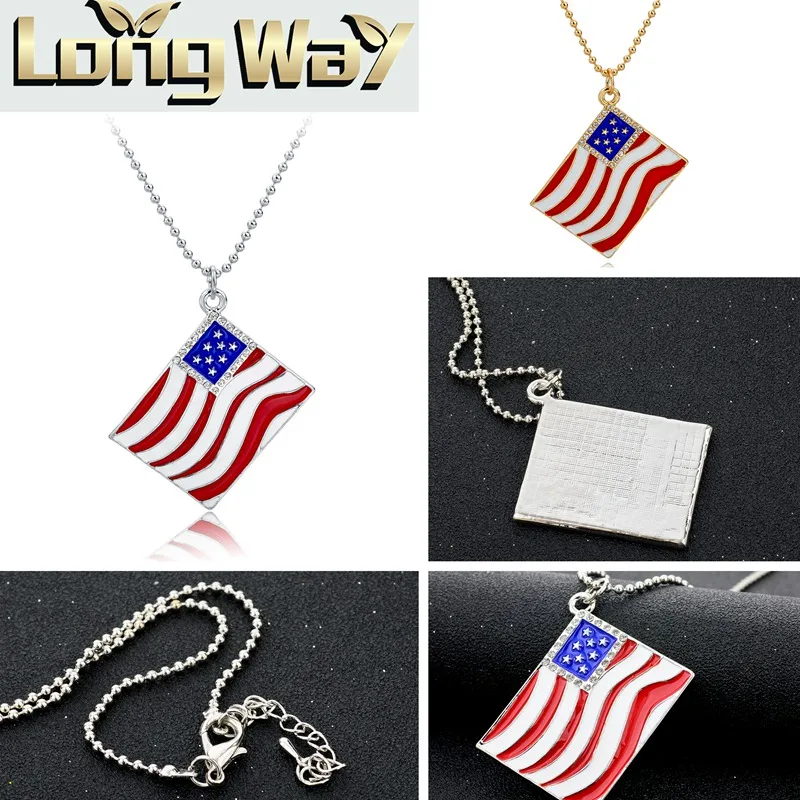 LongWay Vintage Jewelry Gold Color Fashion Crystal Us Flag Long Necklace Sweater Beads Chain Necklaces &amp Pendants Sne150871 | Украшения