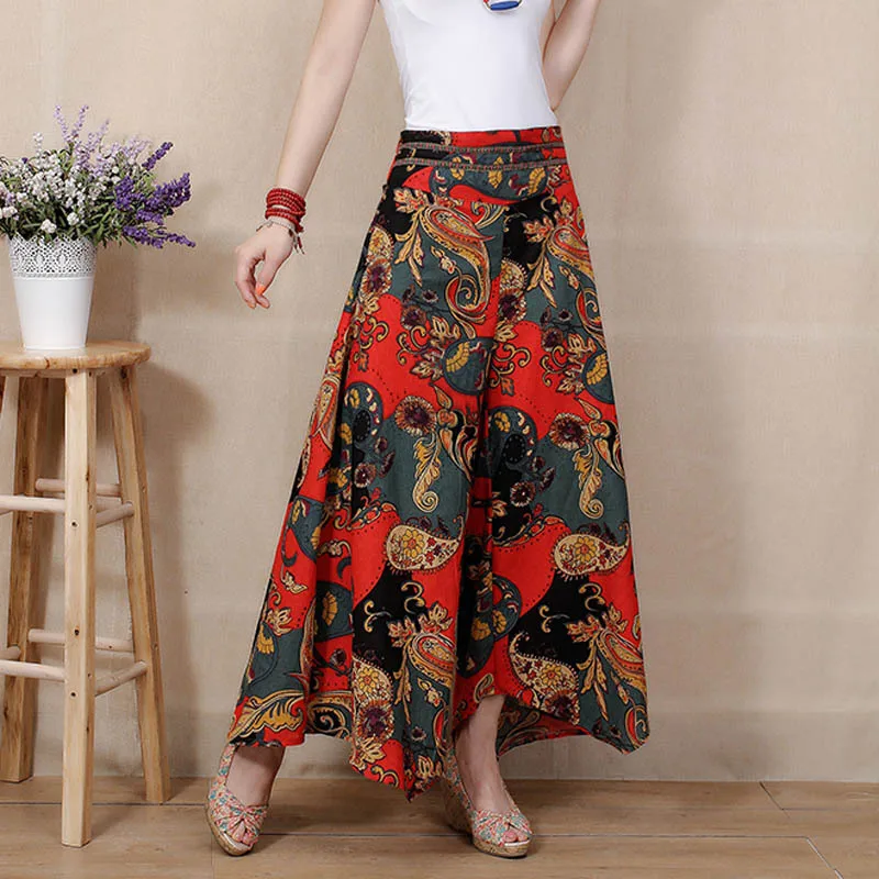 2017 summer new women printing Nine sub trousers cotton linen pants casual baggy swinging leg wide female |