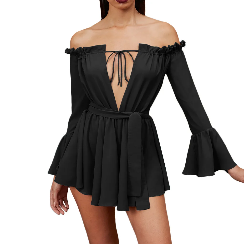 Women Dress Summer Sexy Off Shoulder Solid One Word Collar Long Sleeve Bow Mini Erotic Dresses | Женская одежда