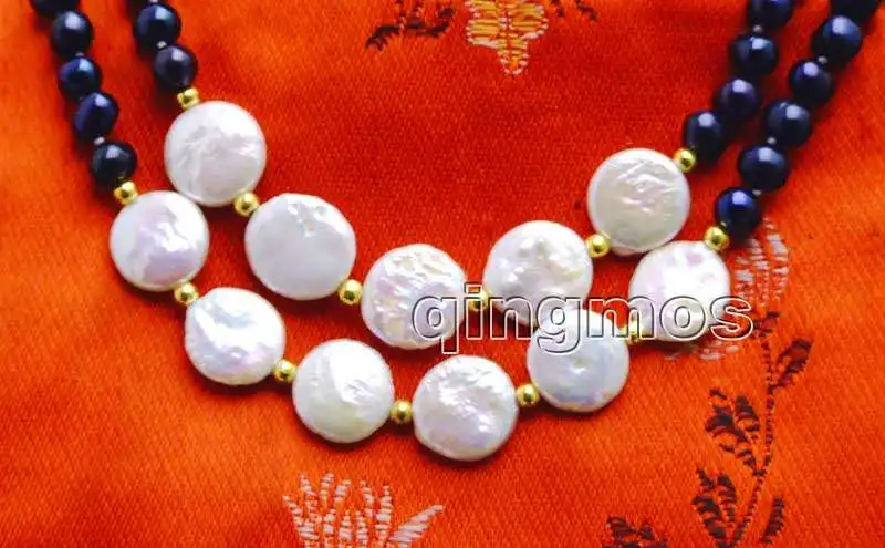 6-7 мм круглая черная жемчужина и 12-13 натуральная монета FW 2 нити 17-18 ''Necklace-n6228