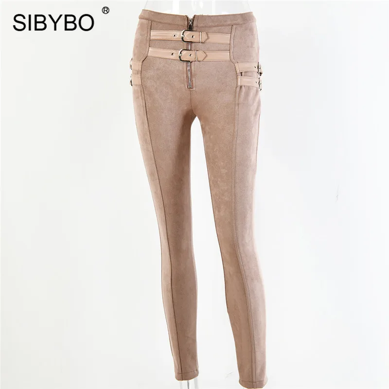 Хаки SIBYBO замшевые обтягивающие повседневные женские брюки с высокой талией, модные женские узкие брюки с пряжкой на ремне, женские сексуальные брюки осень-зима - Цвет: Хаки