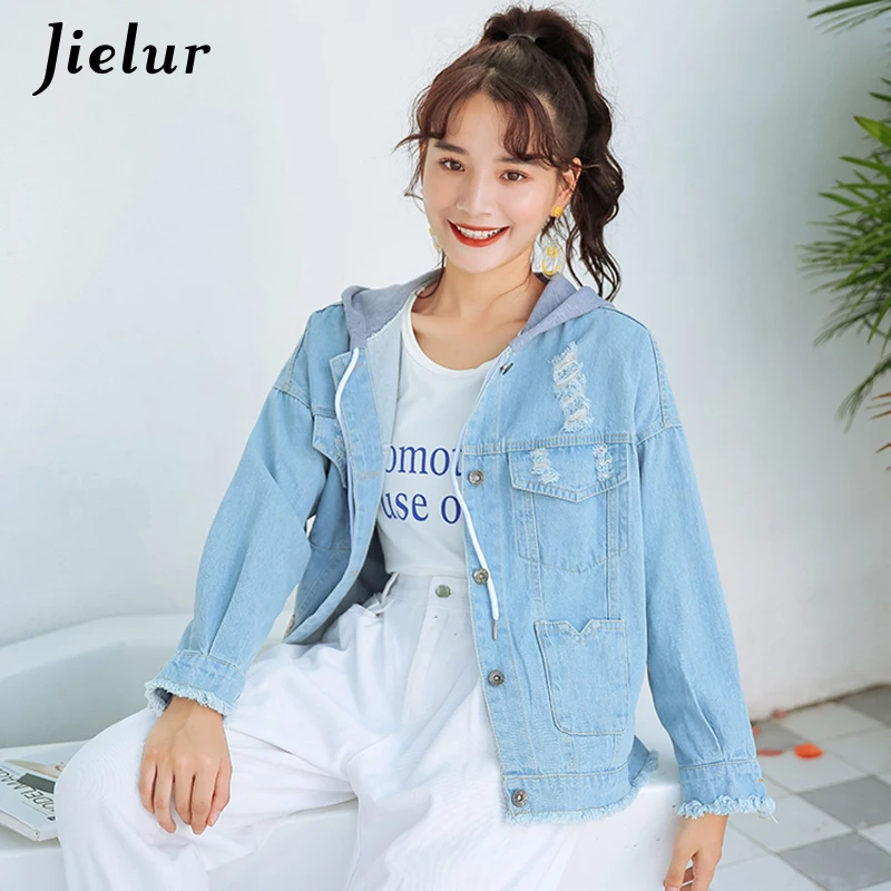 Jielur 2019 корейские женские куртки повседневные джинсовые бойфренды Осенние