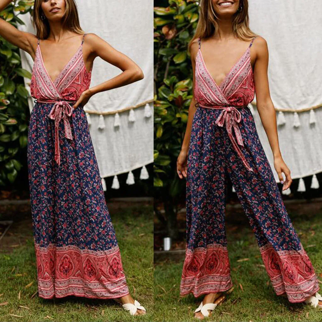 Летний комбинезон с принтом в стиле бохо завязками на талии женское сексуальное
