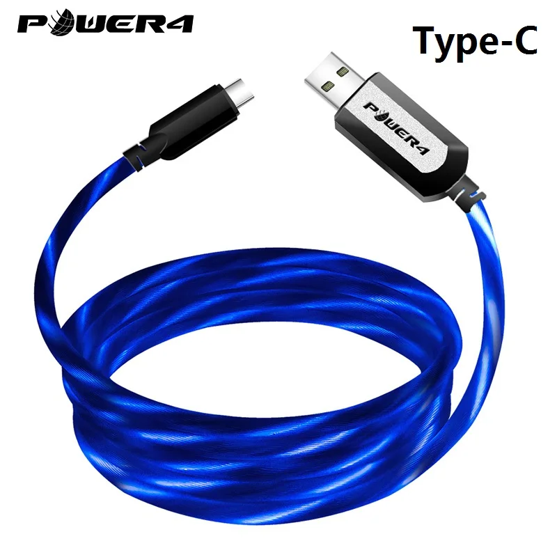 Power4 USB кабель для iPhone со светящимся светодиодный шнур для зарядки USB-C для Lightning Apple светодиодный Micro USB кабель для Android - Цвет: Type C--Blue