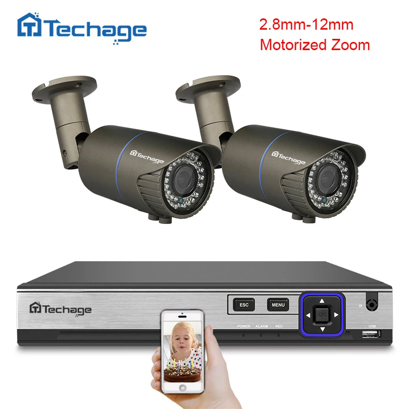 Techage H.265 4CH POE NVR комплект 4MP система видеонаблюдения 2 шт 8 мм 12 моторизованный зум